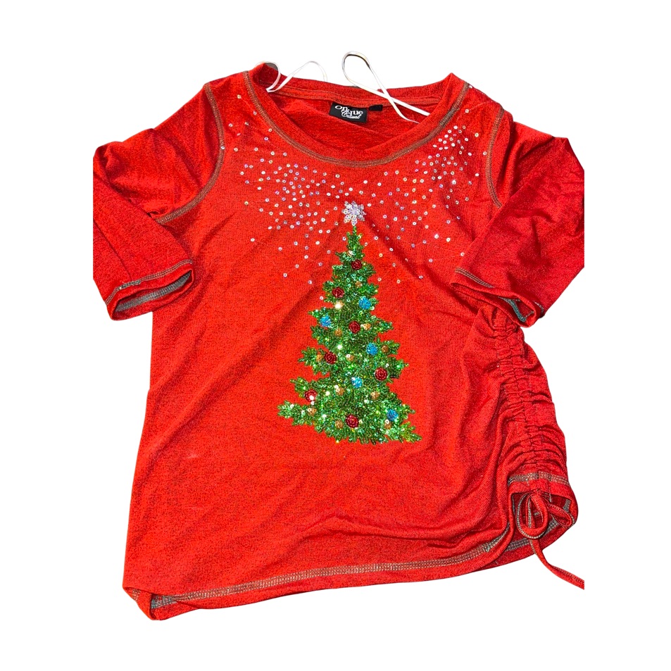 Christmas Holiday Top: Christmas Tree Sequins: Tacky Cute Long Sleeve: Petitite